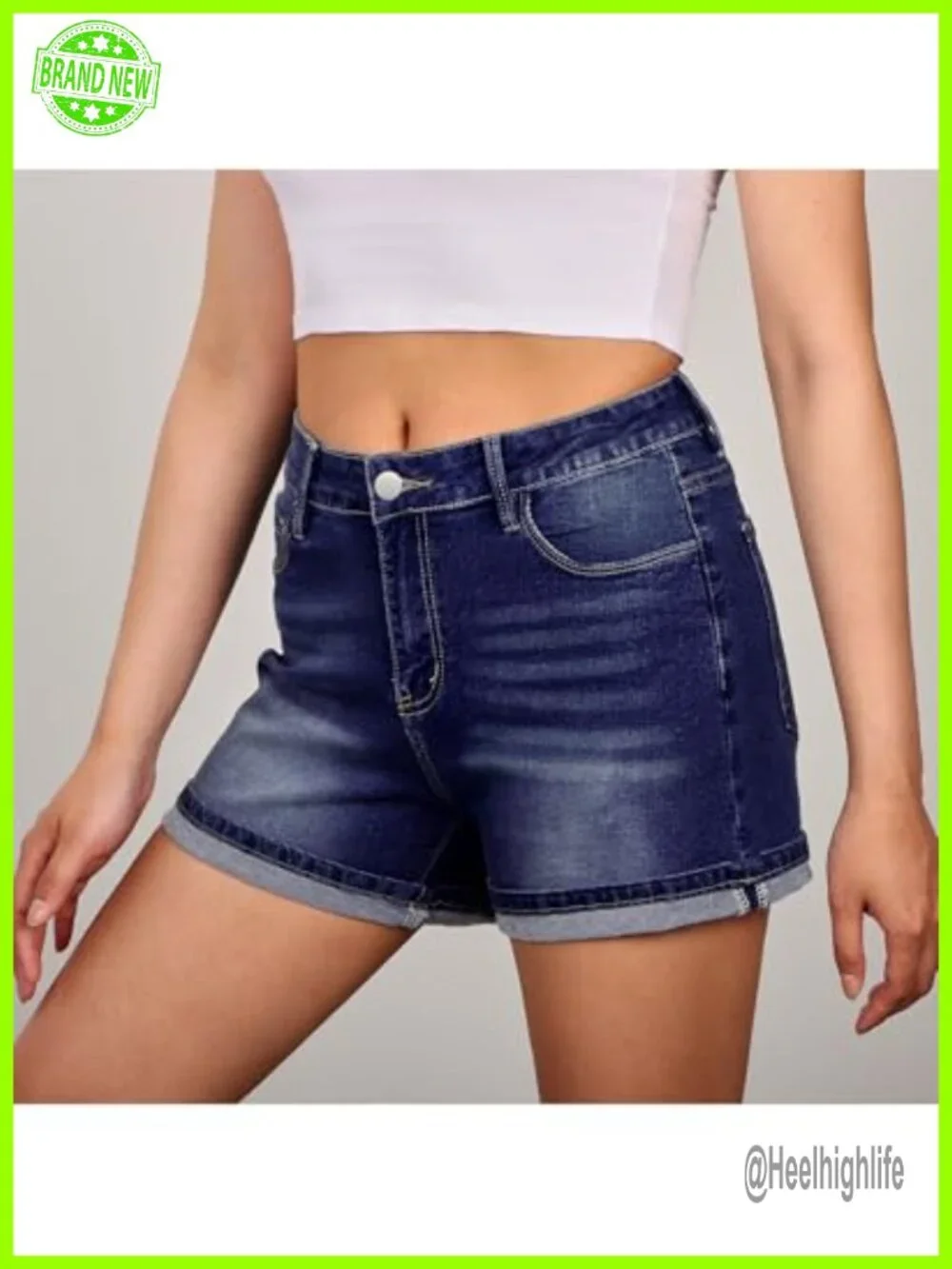Mid Rise Stretch Denim Jean Shorts Women Casual Summer Fold Hem